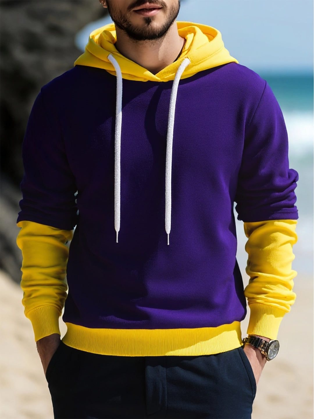 Herren Kapuzenpullover im Lagen-Look mit Kontrastkapuze und Kordelzug Echo Archiv