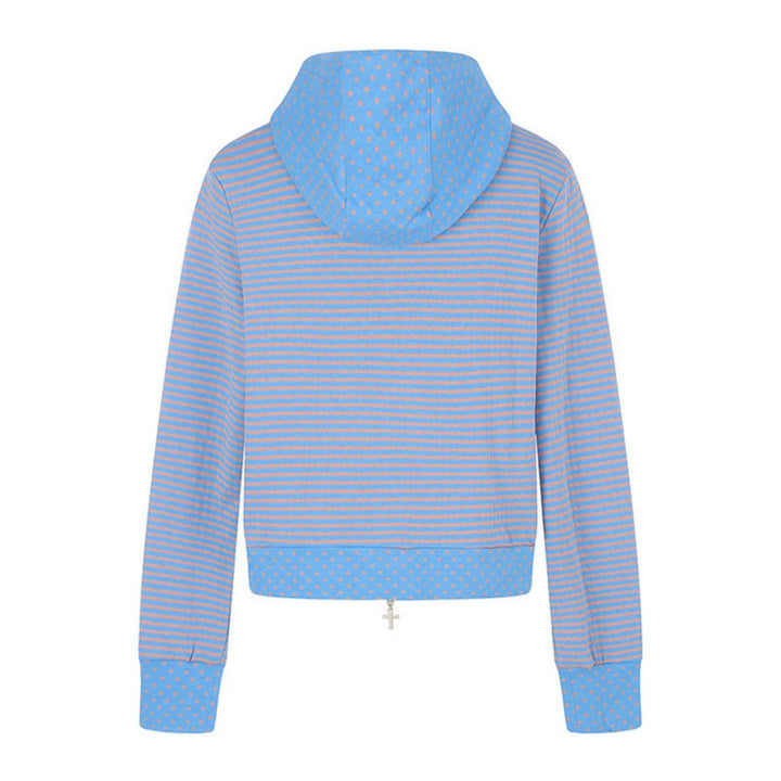 Damen Kurze Kapuzen‑Sweatjacke im Streifenmix mit durchgehendem Reißverschluss und Plaketten‑Applikation Echoarchiv