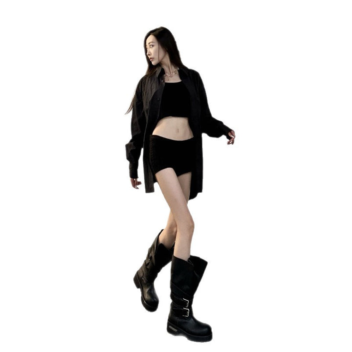 Damen wadenhohe Bikerboots mit klappbarer Manschette, doppelten Metallschnallen und geformter Plateau-Sohle – Lioré