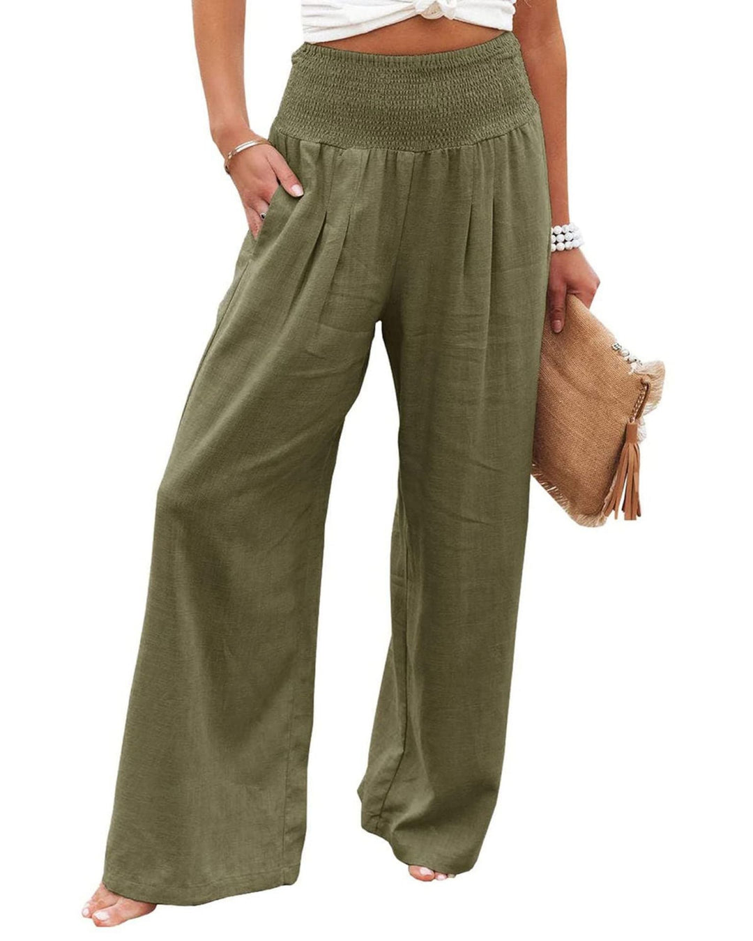Damen Weite Leinenhose mit Elastischem Bund und Falten Echoarchiv