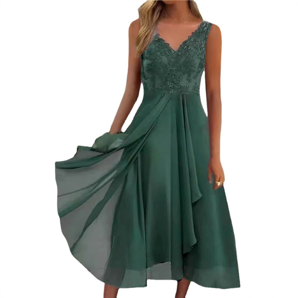 Damen nan elegantes Abend-Midikleid mit bestickter Spitzen-Büste, taillierter Drapierung und fließendem Lagenrock Echoarchiv
