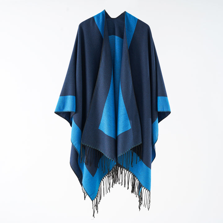 Damen Oversize-wendbarer Capeponcho aus Wollmix mit Fransen Echo Archiv