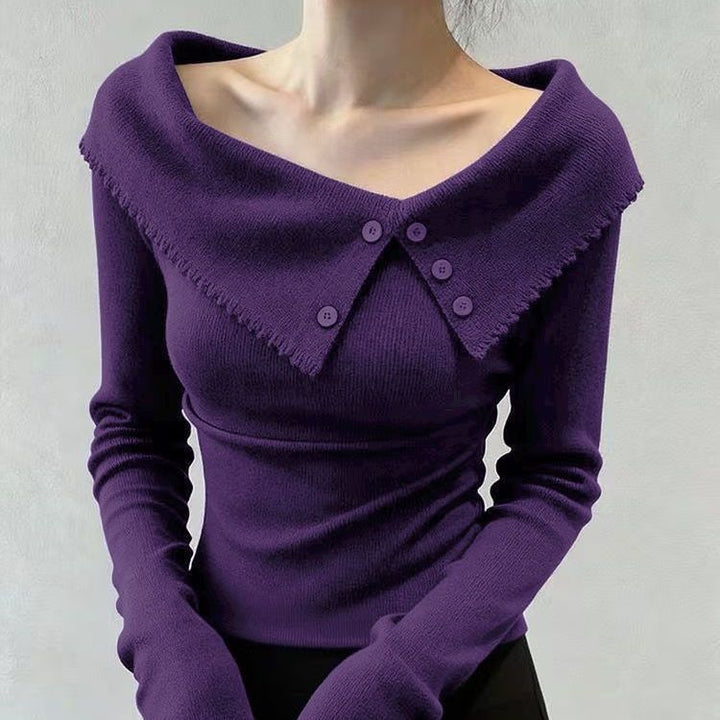 Damen Eleganter Pullover mit weitem Kragen und Knopfdetails Echo Archiv