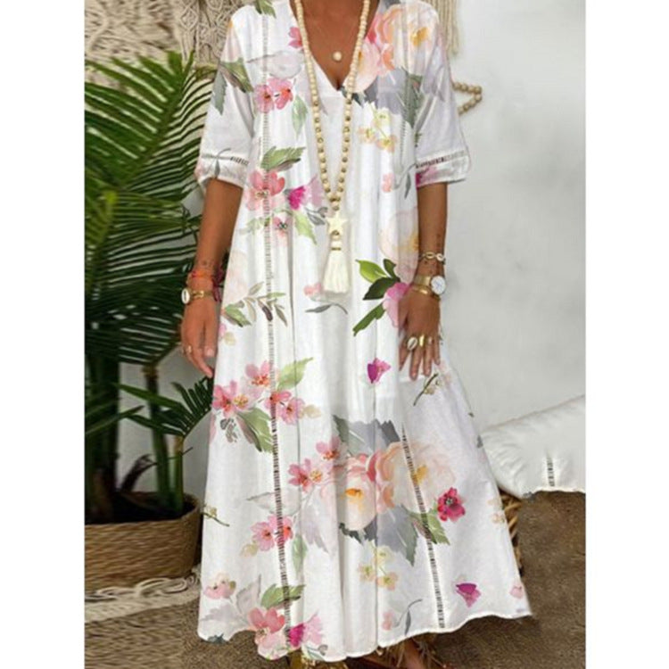 Damen nan locker fließendes Kaftan-Midimaxikleid mit V-Ausschnitt, ajourbesetzten Bahnen und leichter Leinenmisch-Qualität Echo Archiv