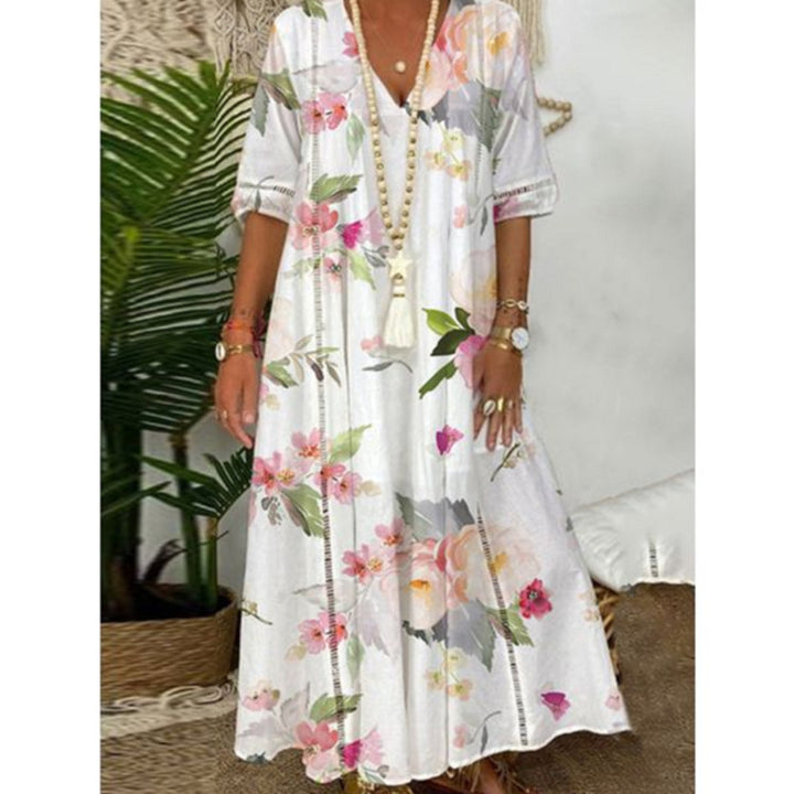 Damen nan locker fließendes Kaftan-Midimaxikleid mit V-Ausschnitt, ajourbesetzten Bahnen und leichter Leinenmisch-Qualität Echo Archiv