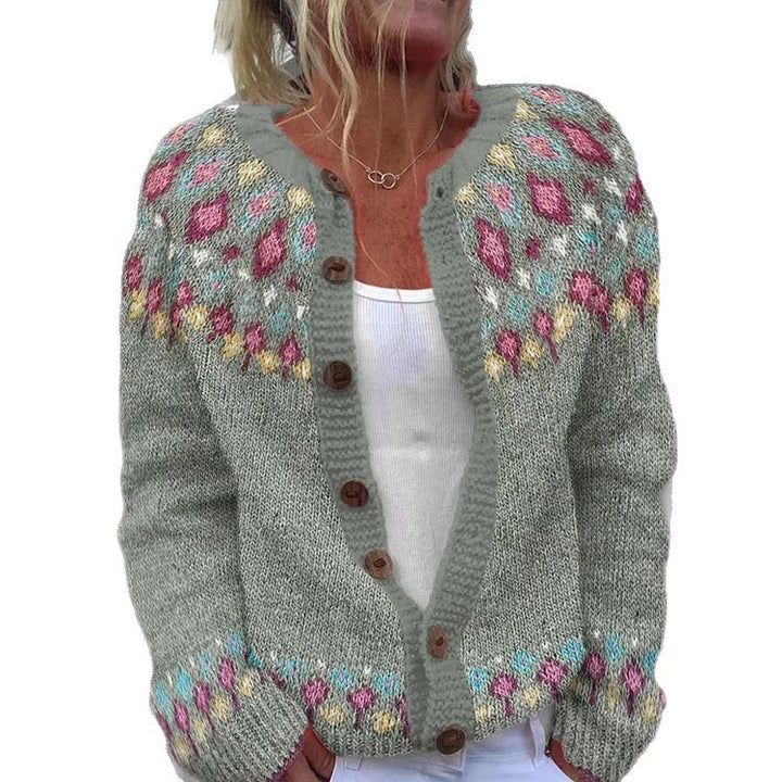 Damen nan gemusterte Strickjacke mit Rundpasse, Holzknöpfen und Eingrifftaschen Echo Archiv