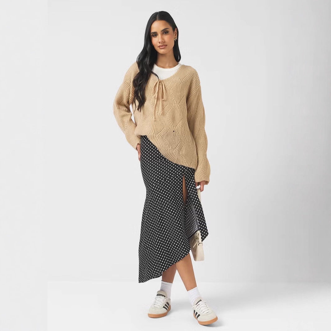 Damen Oversize Strickpullover mit V-Ausschnitt, Kordelzug und Rautenstruktur – Mavelle