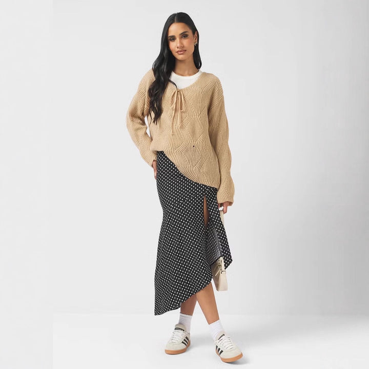 Damen Oversize Strickpullover mit V-Ausschnitt, Kordelzug und Rautenstruktur – Mavelle