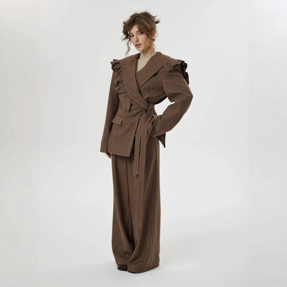 Damen Zweiteiliges Oversize-Blazer-und-Hose-Set mit Volant-Schulter und hoher Bundfalte Echoarchiv