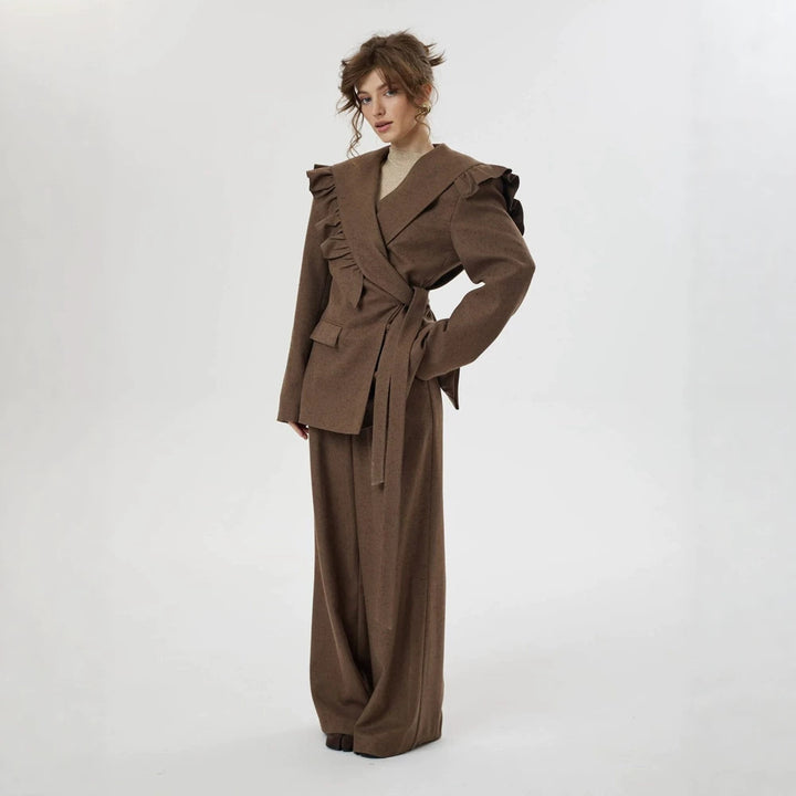 Damen Zweiteiliges Oversize-Blazer-und-Hose-Set mit Volant-Schulter und hoher Bundfalte Echoarchiv