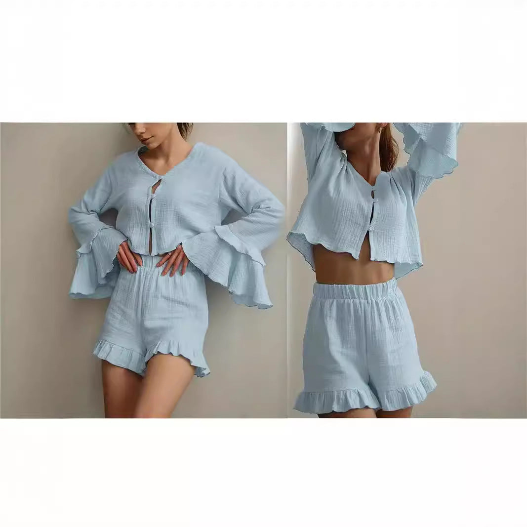 Damen Zweiteiliges Crinkle-Lounge-Set mit Volant-Shorts und gestuften Trompetenärmeln Echo Archiv