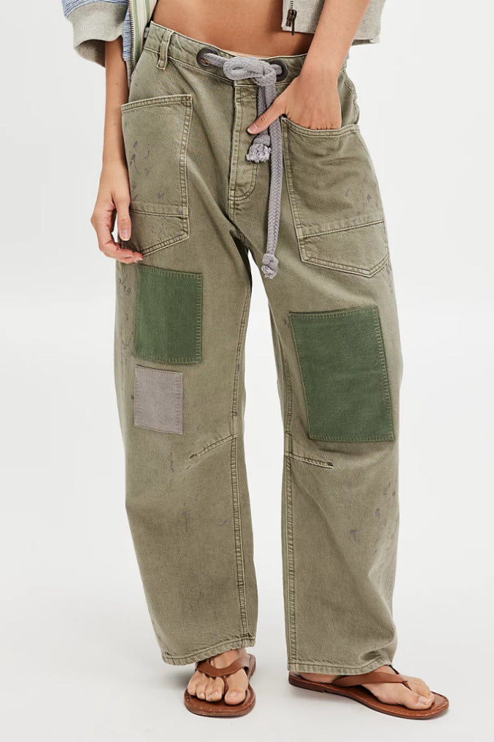 Damen nan hochgeschnittene Jeans im weiten Schnitt mit aufgesetzten Taschen und Kordelzug Echo Archiv
