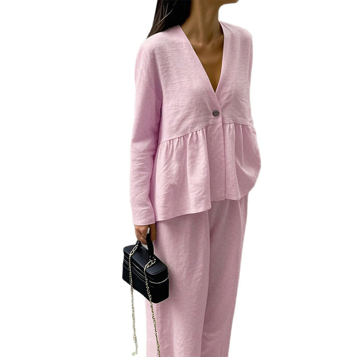 Damen nan legeres Leinenmix-Zweiteiler mit V-Ausschnitt Peplum-Bluse, Einknopfleiste und weitem Palazzo-Hosenbein Echo Archiv