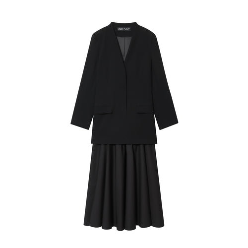Damen kragenloser Longblazer mit offenem Vorderteil, Pattentaschen und leichtem Stretch – Célinea