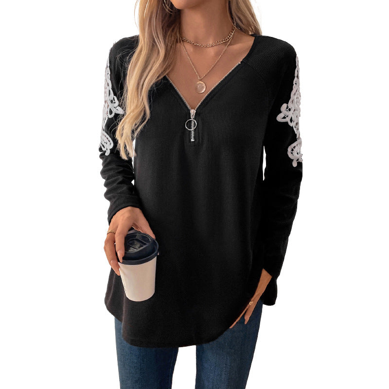 Damen Lässiges Longsleeve-Tunika-Shirt mit V‑Reißverschluss und Spitzenapplikation Echoarchiv
