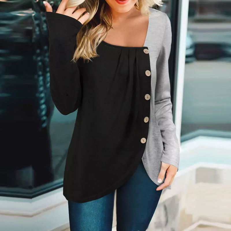 Damen Langarmshirt mit asymmetrischem Saum, Zweifarbiger Optik und Zierknopfleiste – Avérine