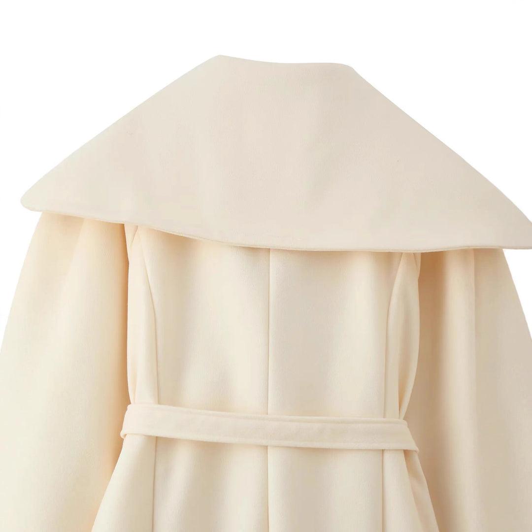 Damen langer Mantel mit voluminösem Schalkragen und taillierendem Bindegürtel – Montévia