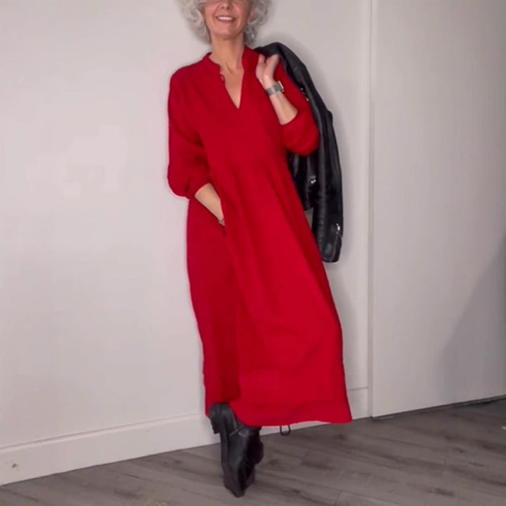 Damen Freizeit Viskose Maxi Kleid mit V-Ausschnitt, Taillennaht und Ballonärmeln – Valéora