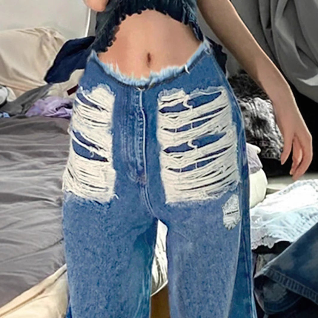 Damen hochgeschnittene weite Jeanshose aus Denim mit stark zerstörter Front und rohem Bund Echo Archiv