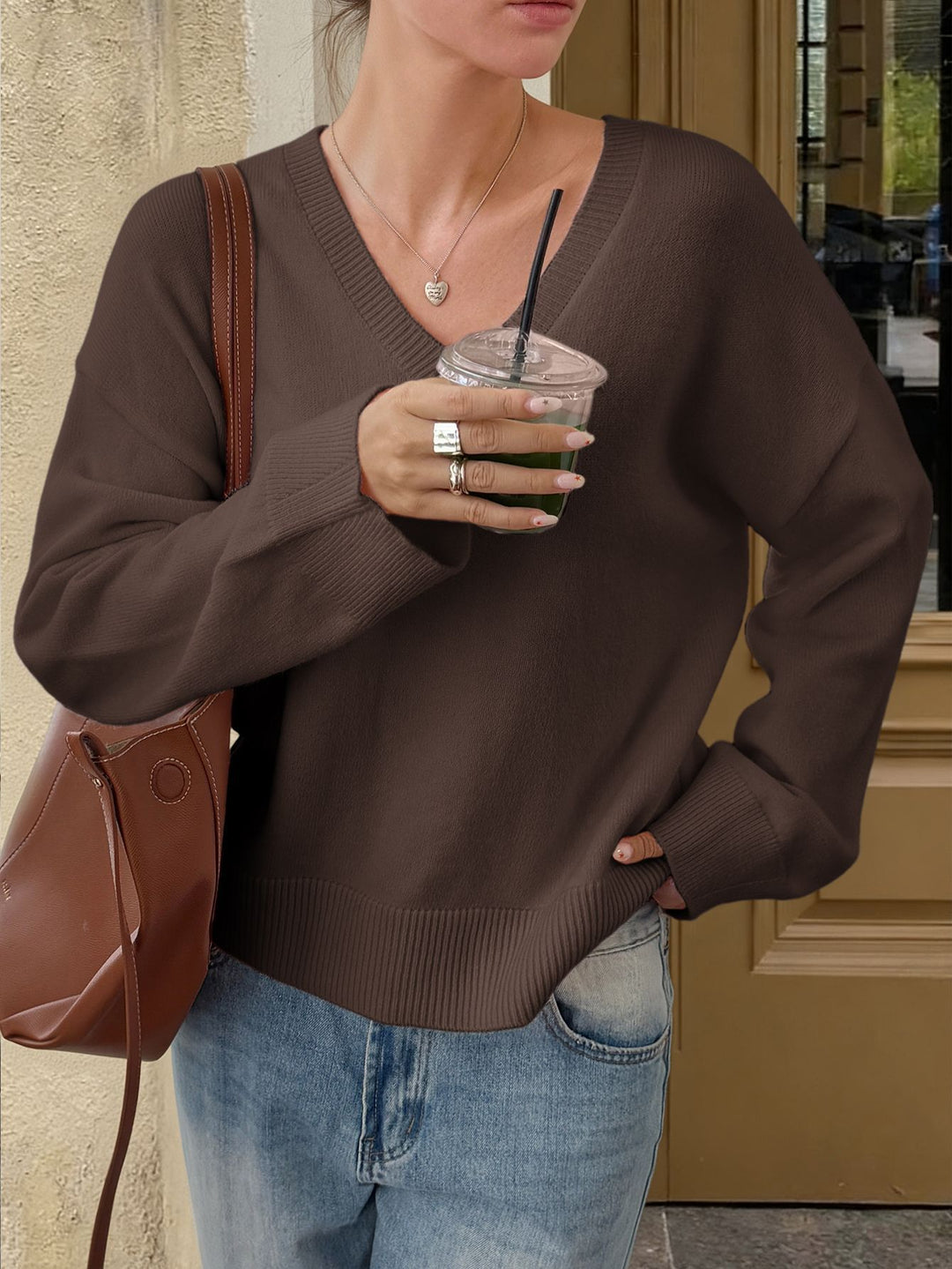 Damen nan oversized V-Ausschnitt Feinstrickpullover mit überschnittener Schulter, langen Kimonärmeln und breitem Rippbund Echo Archiv