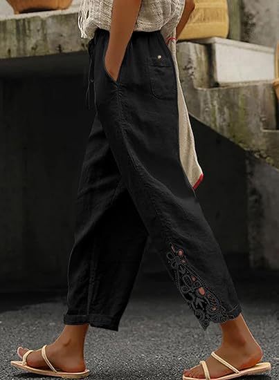 Damen luftige Leinenhose mit dekorativen Stickereien Echoarchiv