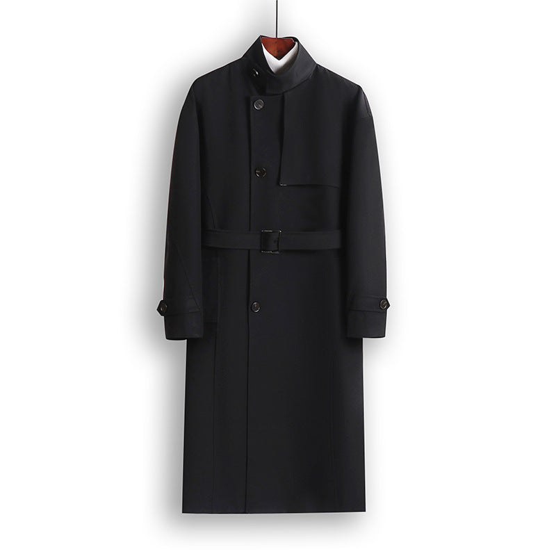 Herren Langgeschnittener Minimalistischer Trenchcoat mit Schalkragen und verstellbaren Ärmelriemen Echoarchiv