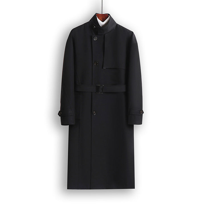 Herren Langgeschnittener Minimalistischer Trenchcoat mit Schalkragen und verstellbaren Ärmelriemen Echoarchiv