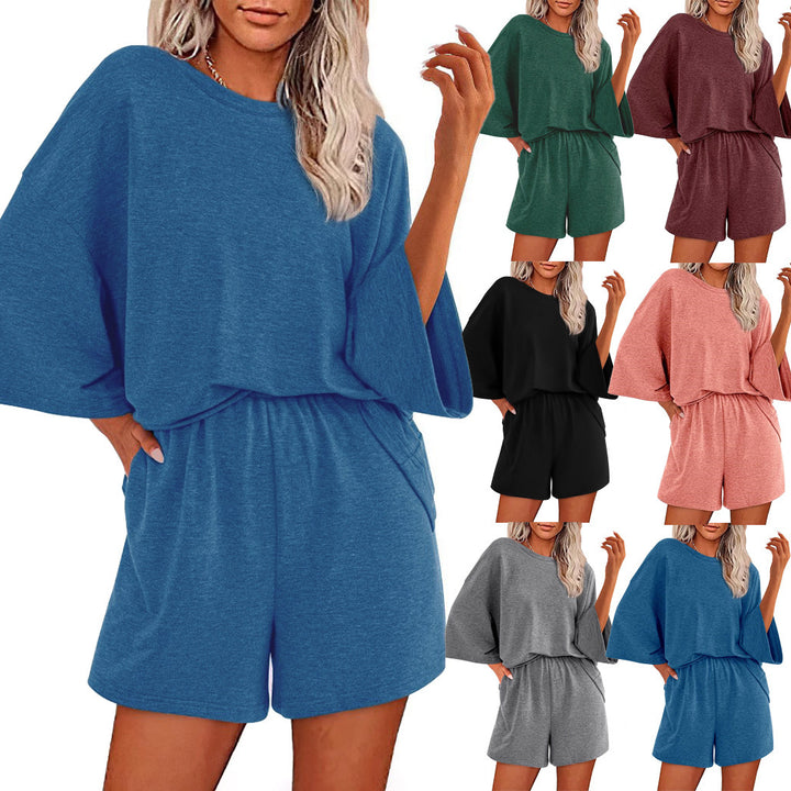 Damen Oversized Fledermaus Kurzarm Lounge Oberteil und Shorts Set mit Elastischem Bund – Élanora