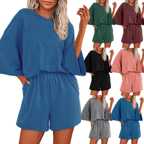 Damen Oversized Fledermaus Kurzarm Lounge Oberteil und Shorts Set mit Elastischem Bund – Élanora
