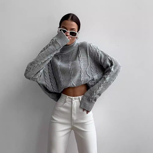 Damen Grobstrick-Rollkragenpullover mit Zopfstrick-Details Echoarchiv