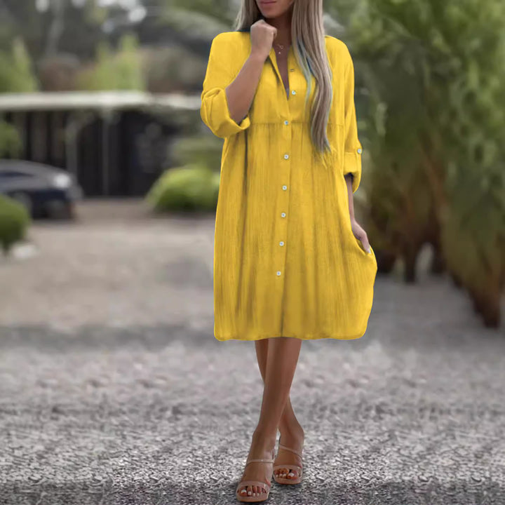 Damen Lockeres Hemdkleid mit Knopfleiste, 3/4-Ärmeln und Seitentaschen – Lunéa