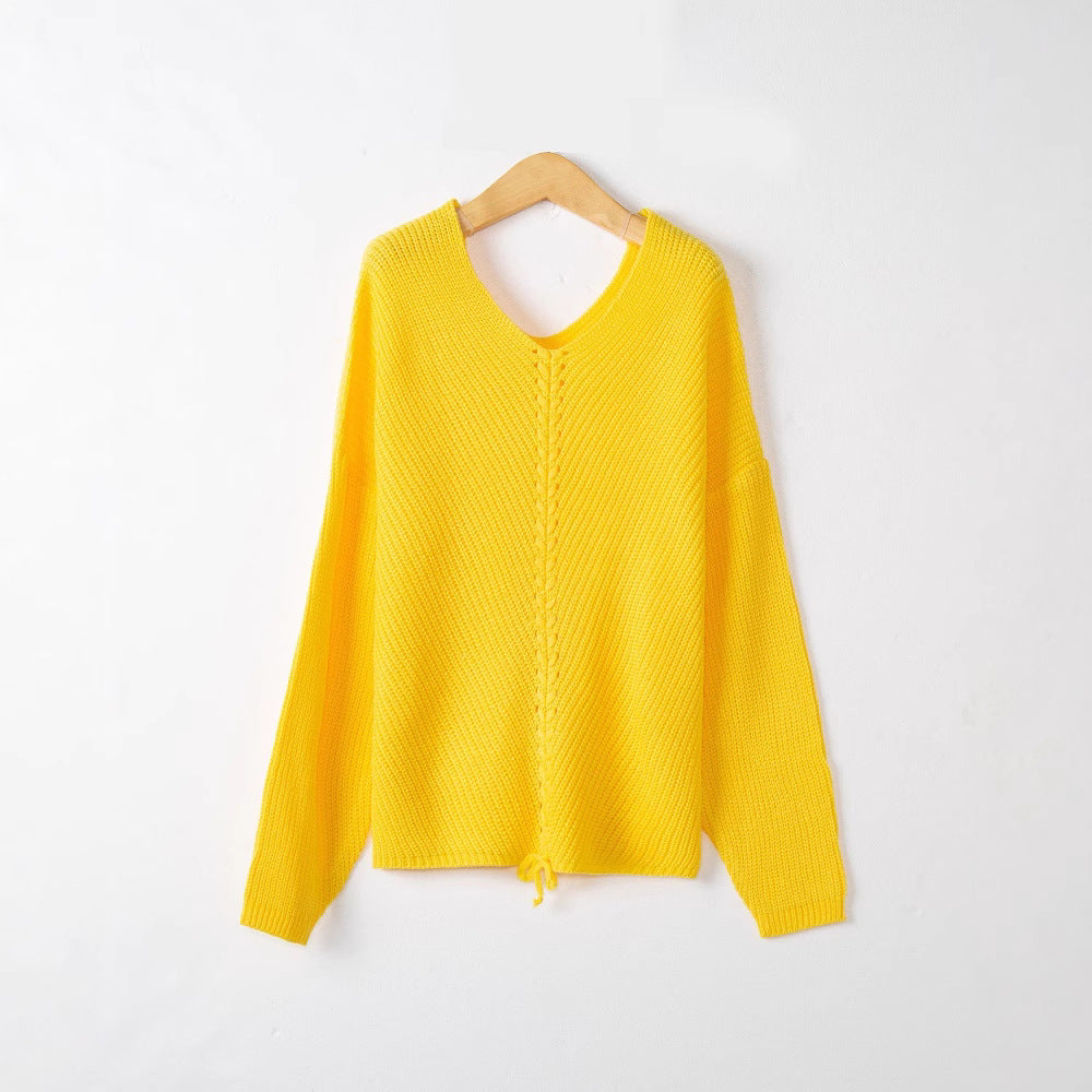 Damen Strickpullover mit Zopfmittelnaht, V‑Ausschnitt und Kordelzug Echo Archiv