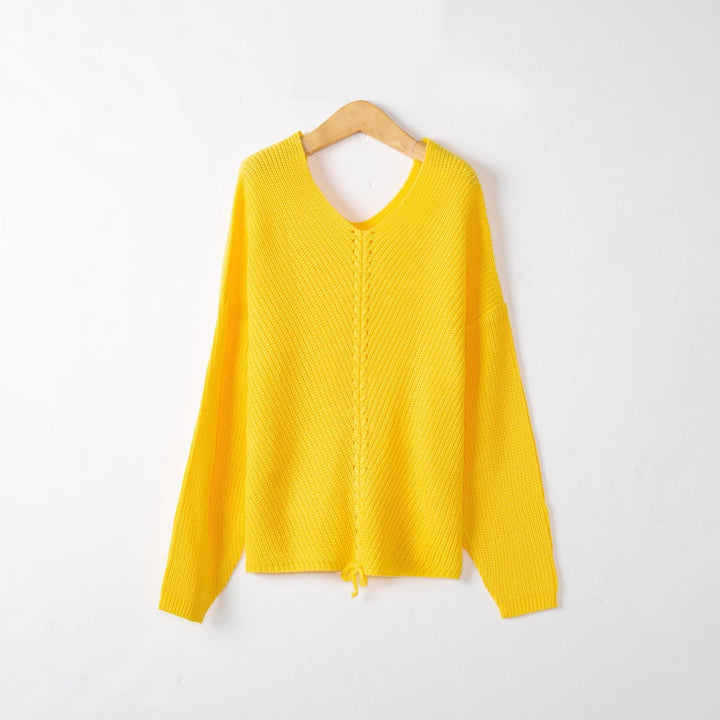 Damen Strickpullover mit Zopfmittelnaht, V‑Ausschnitt und Kordelzug Echo Archiv