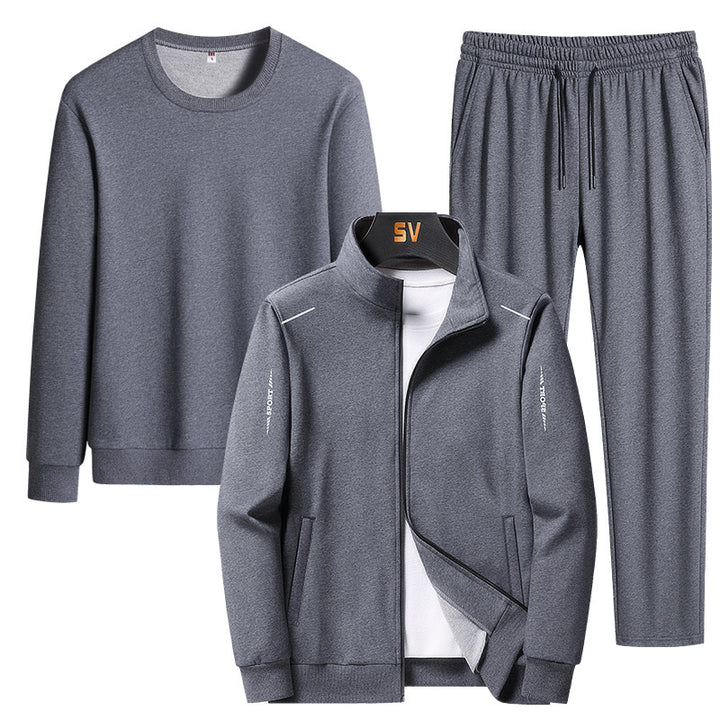 Herren Dreiteiliges Freizeit-Trainingsset aus French-Terry mit Kapuzenjacke, Rundhals-Sweat & tapered Jogginghose Echoarchiv