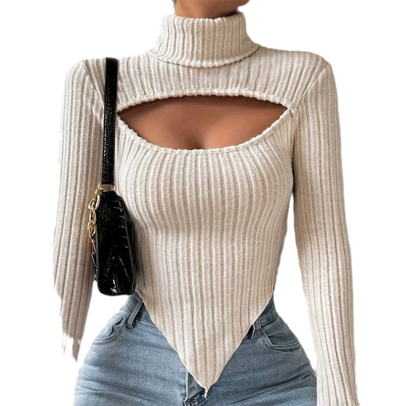 Damen geripptes Rollkragen-Top mit Cut-Out, spitz zulaufendem Zipfel-Saum und figurbetonter Stretch-Passform – Avérine