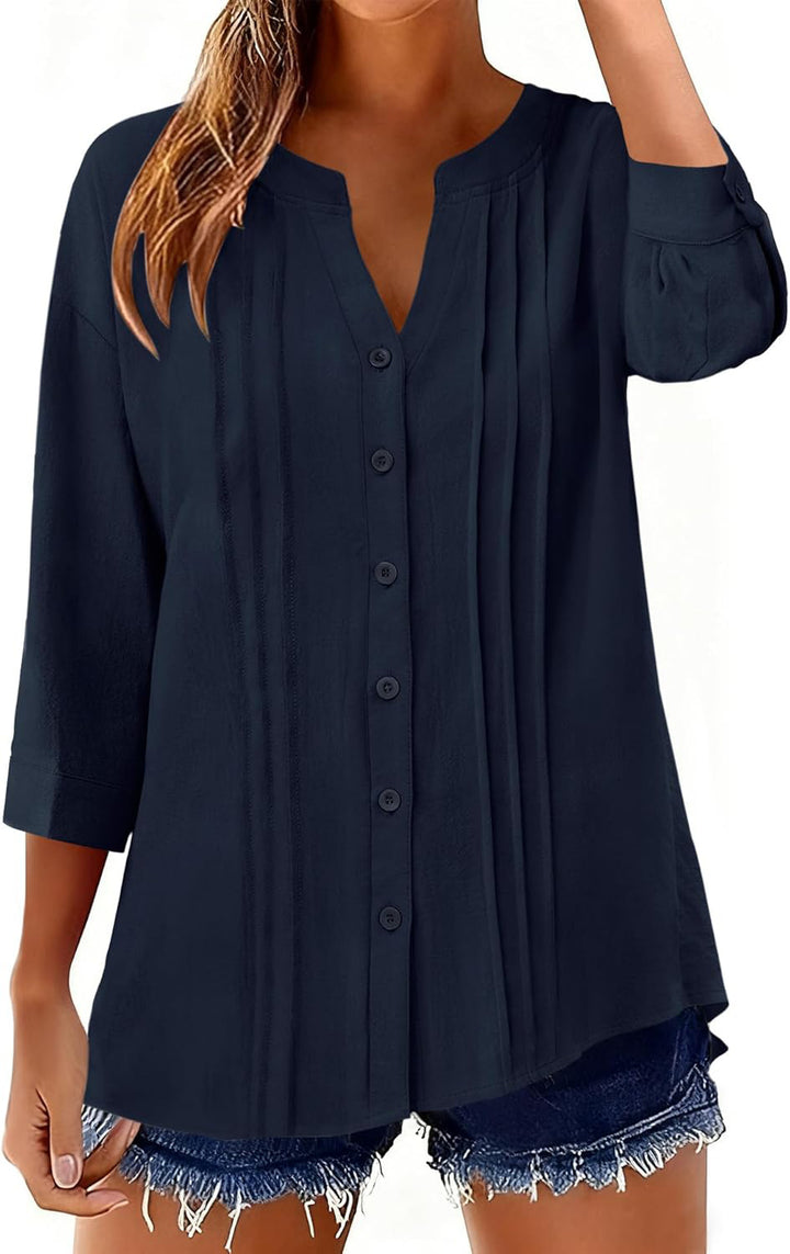 Damen Lockeres Tunikashirt mit Kellerfalten und dreiviertel Ärmeln Echo Archiv