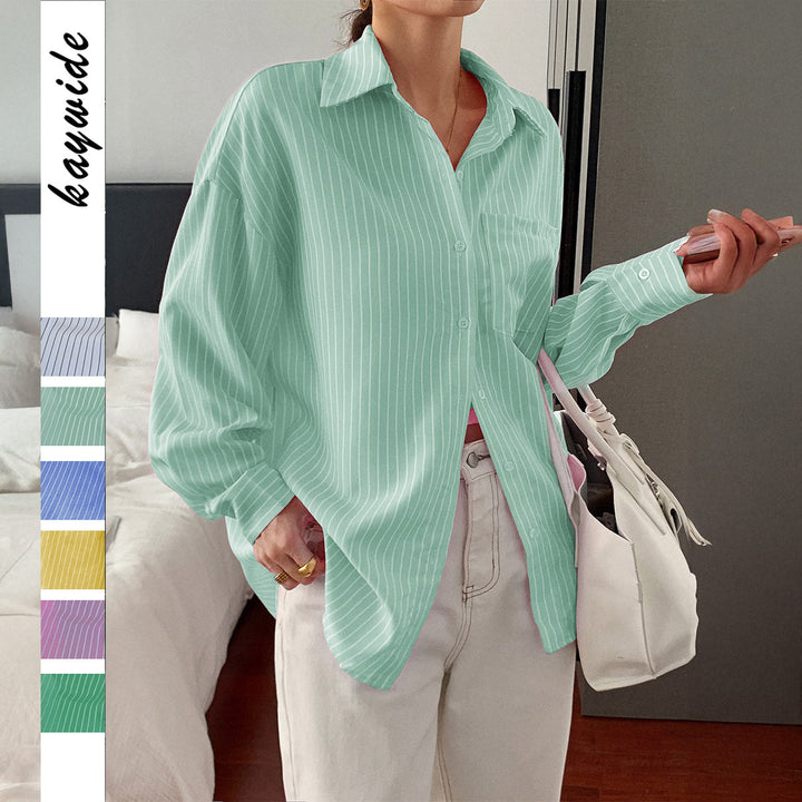 Damen nan locker geschnittene Longbluse mit Kentkragen, Brusttasche und feinem Nadelstreifen Echo Archiv
