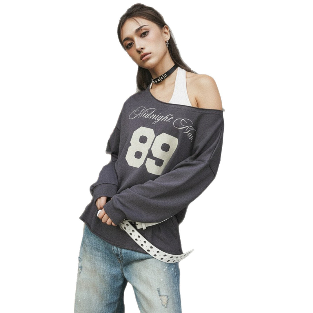 Damen nan Oversized-Sweatshirt im Off-Shoulder‑Stil mit Vintage‑Frontprint und ausgestelltem Saum Echo Archiv
