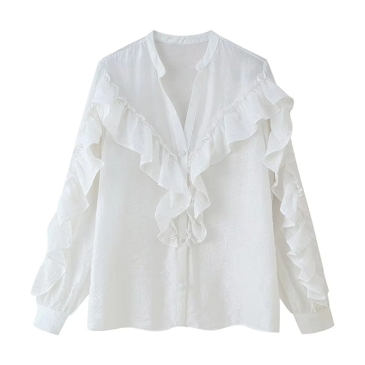 Damen romantische Volant-Bluse mit Stehkragen, verdeckter Knopfleiste und langen Ärmelrüschen – Élovi