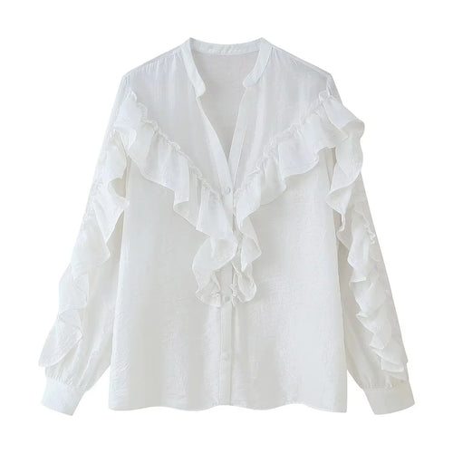 Damen romantische Volant-Bluse mit Stehkragen, verdeckter Knopfleiste und langen Ärmelrüschen – Élovi