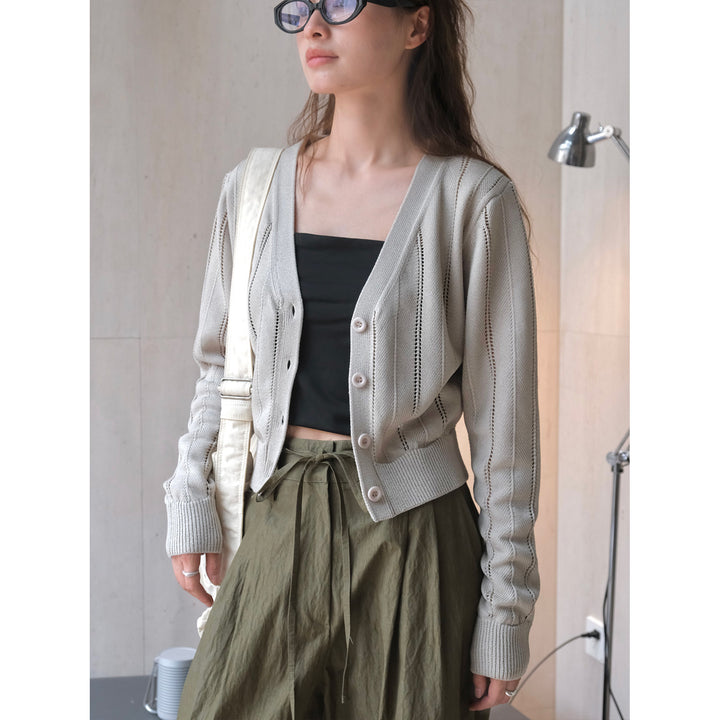 Damen Leichter Ajourstrick-Cardigan mit V-Ausschnitt und tailliertem Rippbund Echoarchiv