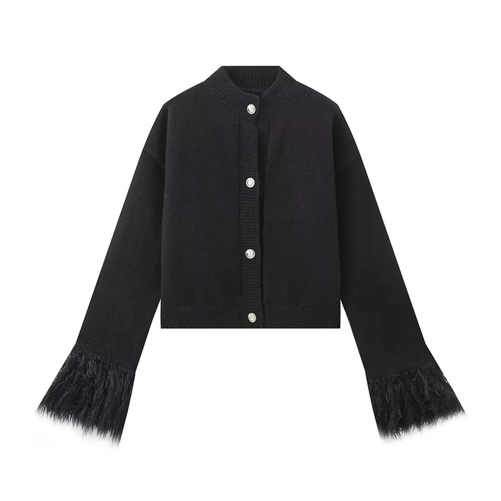 Damen 300+ Cropped Strickjacke mit Fransenärmeln und Perlenknopfleiste Echo Archiv