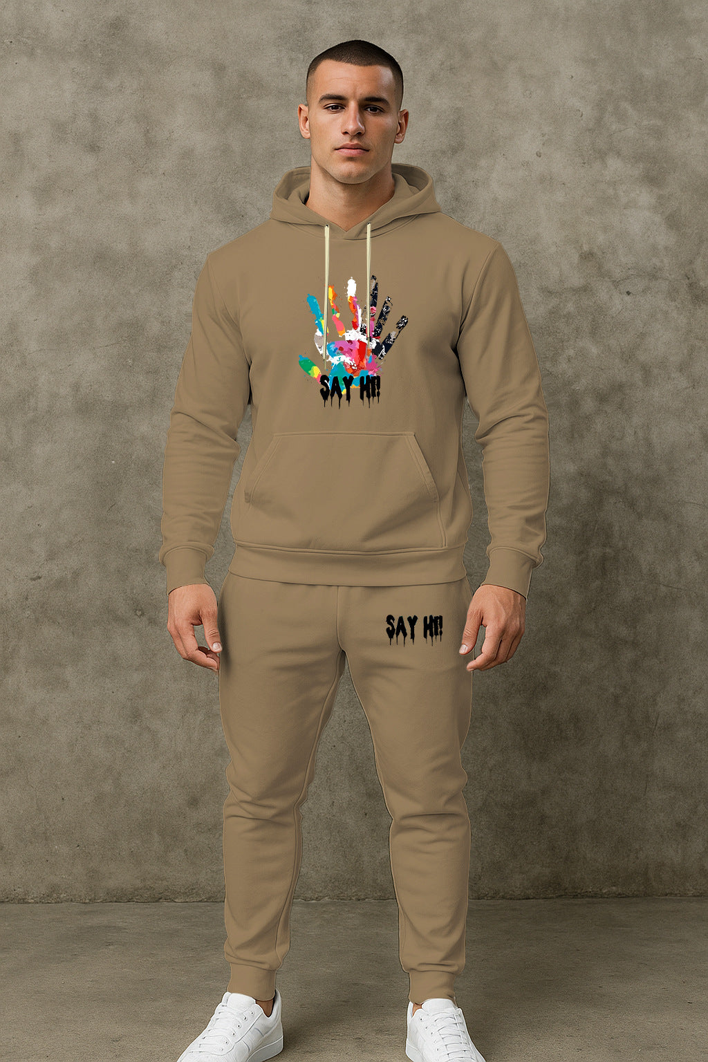 Herren lässiger Kapuzenpullover mit passender Jogginghose und grafischem Print Echoarchiv