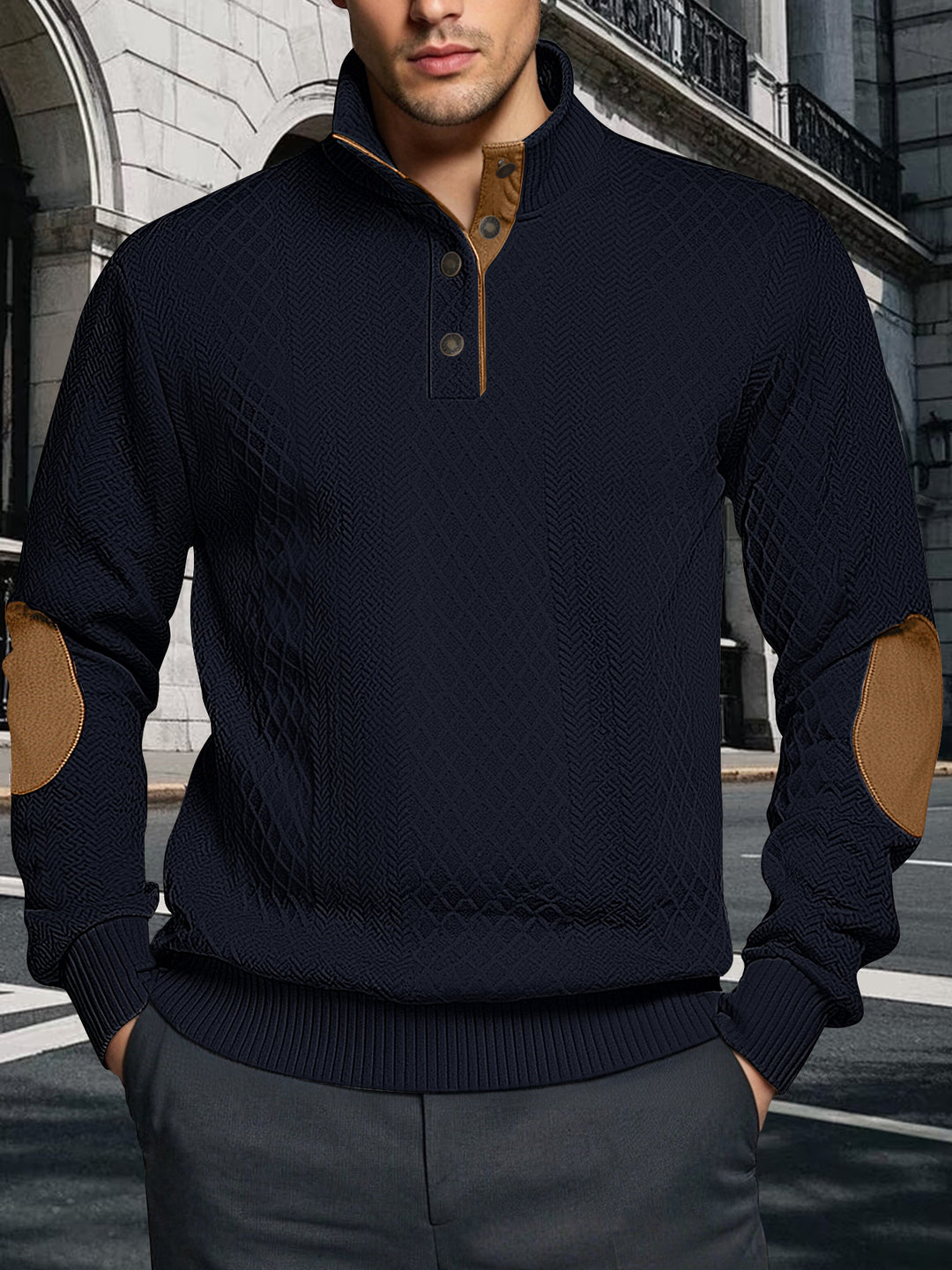Herren Strickpullover mit strukturiertem Design und Lederpatches Echoarchiv