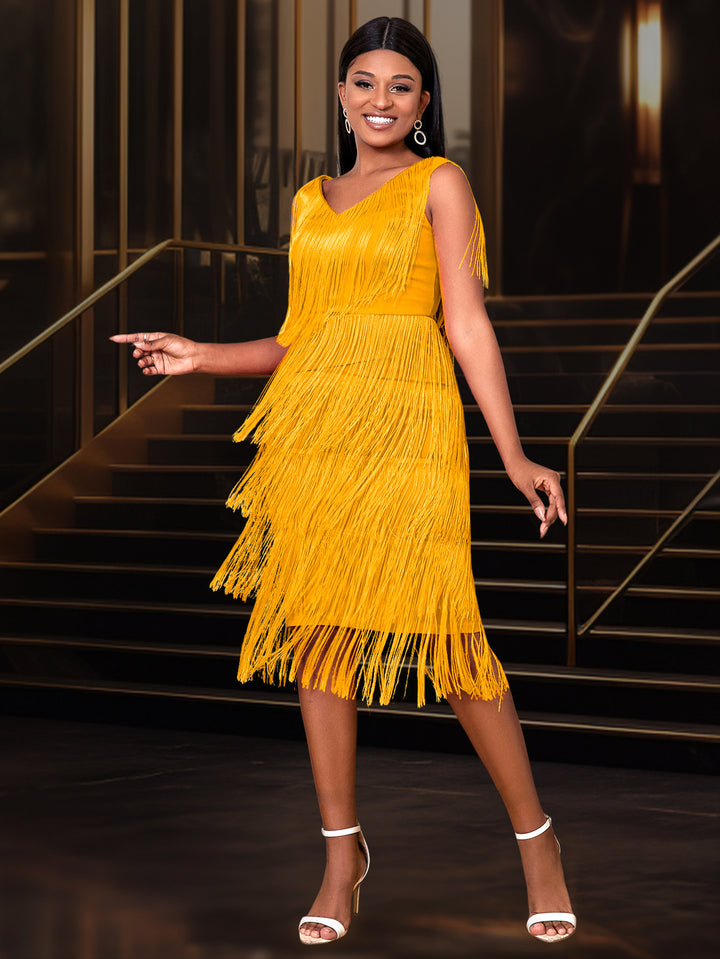 Damen Fransen Kleid mit elegantem V-Ausschnitt und schwingendem Saum Echo Archiv