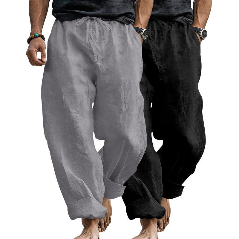 Herren Leinenmix-Loungehose mit elastischem Bund, Kordelzug und lockerer Passform Echoarchiv