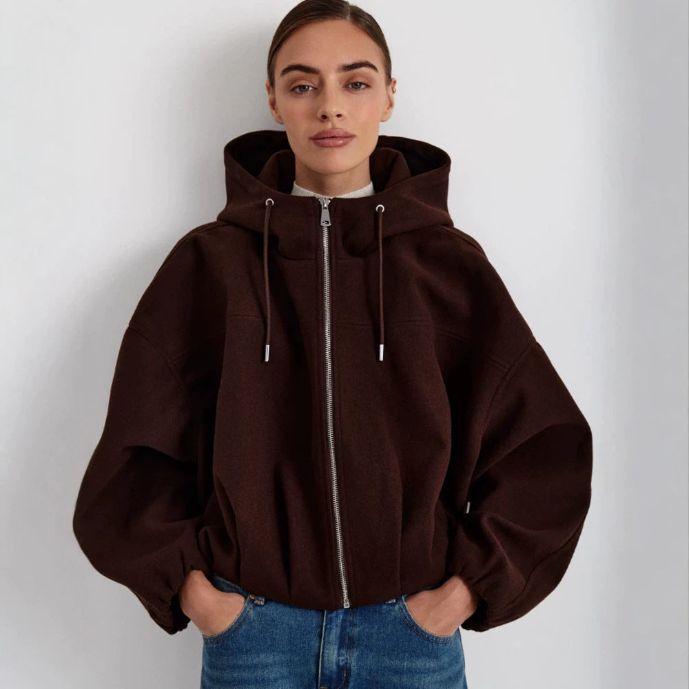 Damen Kurzjacke aus Wollmix mit Kapuze, kastiger Boxy‑Silhouette & gerafftem Saum Echoarchiv