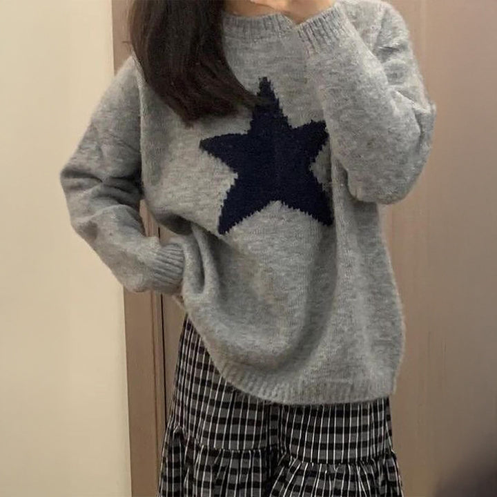 Damen oversized Strickpullover mit markantem Sternmotiv, Rundhalsausschnitt und gerippten Bündchen – Mavelle