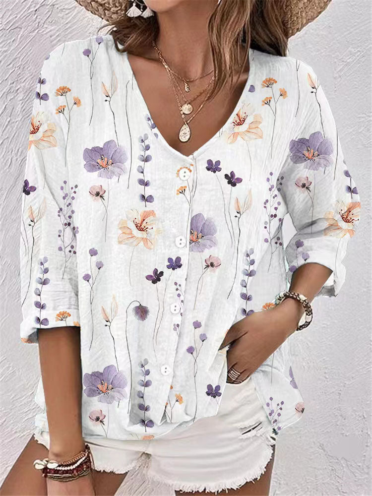 Damen Bluse mit Floralem Druck und Modernem Knopfdesign Echoarchiv