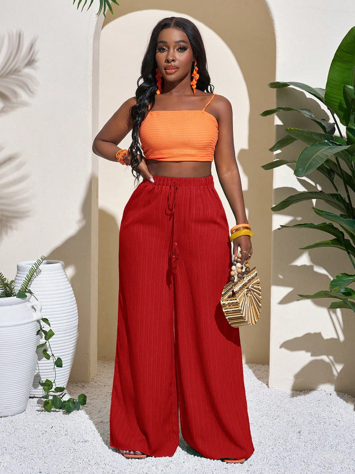 Damen Palazzo-Hose mit hohem Bund, elastischem Kordelzug und weitem Bein Echoarchiv